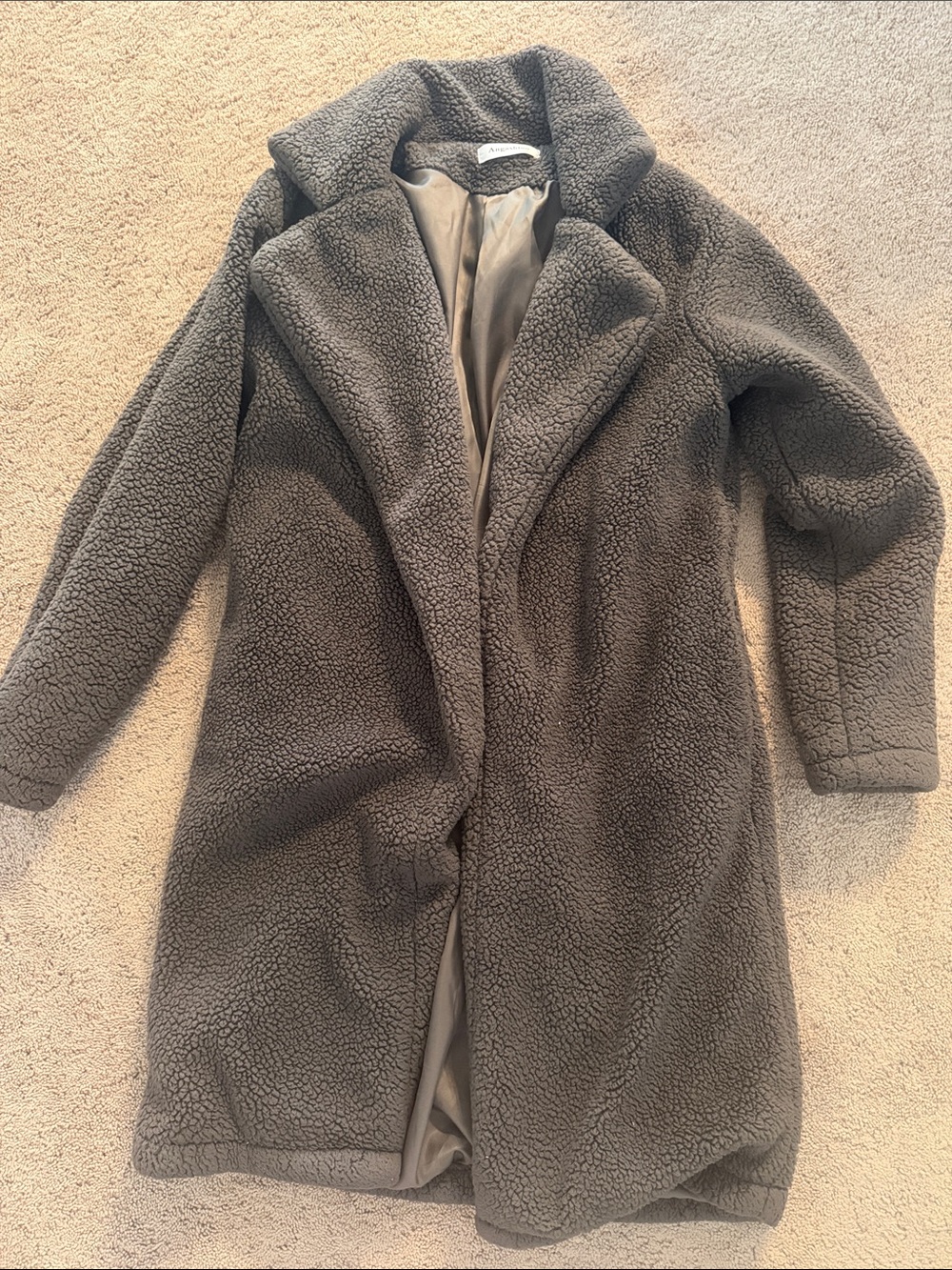 Long Teddy Coat in Charcoal Gray — Plush Open-Front Jacket pockets